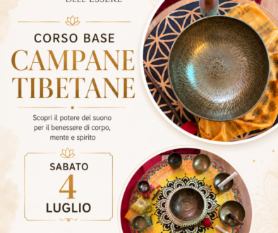 Corso base di bagni di gong e campane tibetane: strumenti rituali in ceramiche, superficie circolare, elementi tibetani e brochure.
