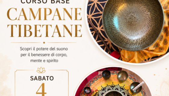 Corso base di bagni di gong e campane tibetane: strumenti rituali in ceramiche, superficie circolare, elementi tibetani e brochure.