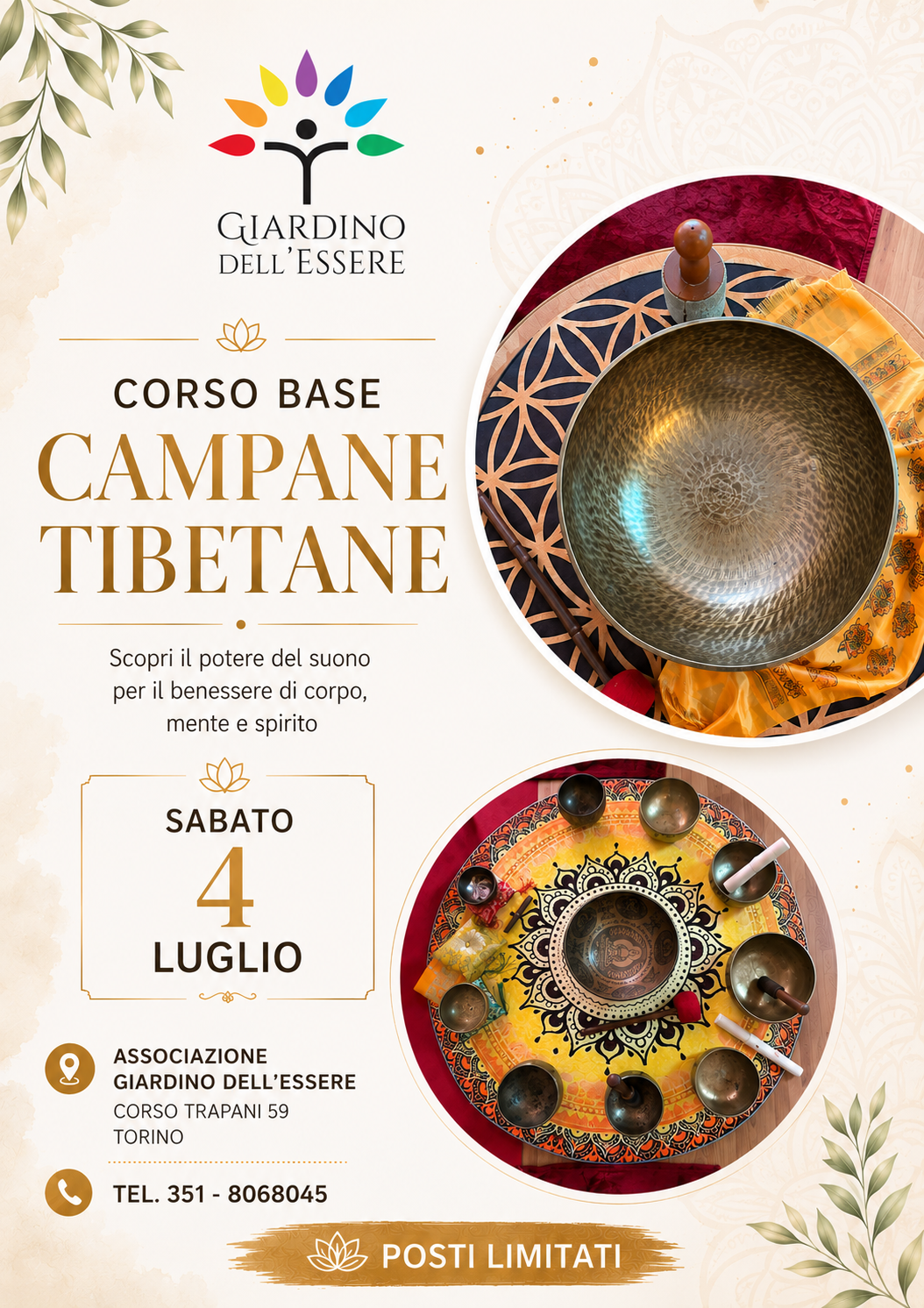 Corso base di bagni di gong e campane tibetane: strumenti rituali in ceramiche, superficie circolare, elementi tibetani e brochure.