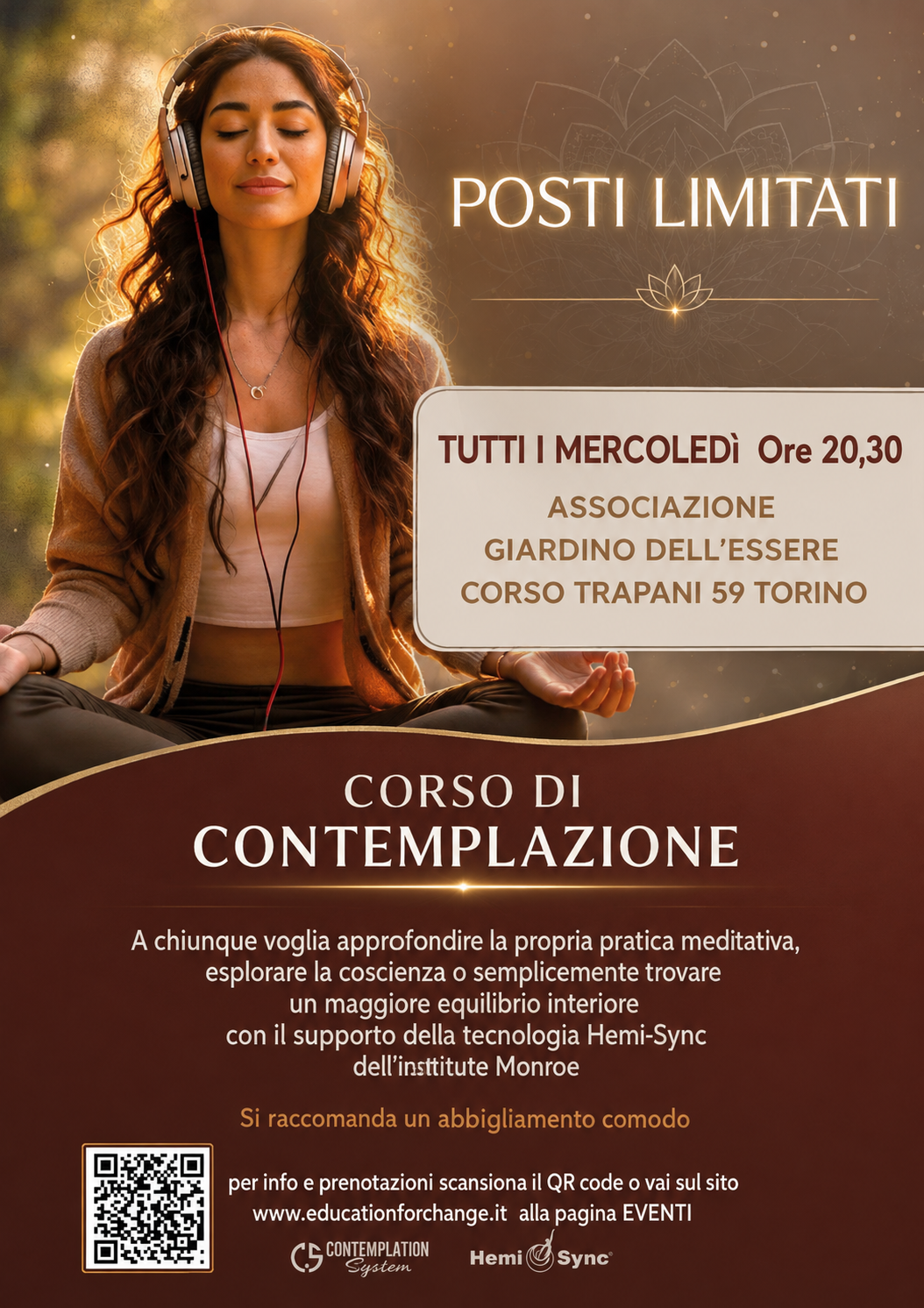 Donna in meditazione con cuffie, poster promuove un corso di contemplazione e benessere; testo “Posti limitati” e dettagli sull’evento. integrare: reiki prove scientifiche? no visibile.