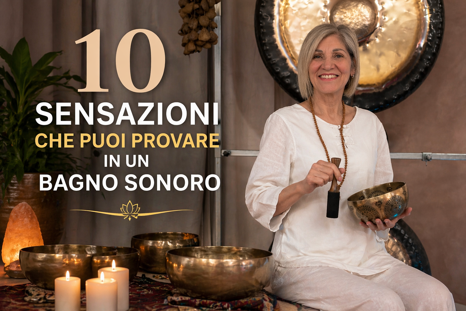 Donna sorridente seduta con campane tibetane e gong, atmosfera meditativa; testo “10 sensazioni che puoi provare in un bagno sonoro”. Donna sorridente seduta con campane tibetane e gong, atmosfera meditativa; testo “10 sensazioni che puoi provare in un bagno sonoro”.