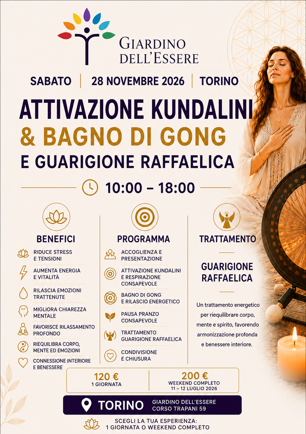 Locandina evento Reiki con gong e seduta meditativa, dettagli su benefici, programma e trattamenti, a Torino. Reiki prove scientifiche: energia, ricerca e benessere.