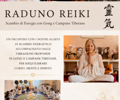 Raduno Reiki a Torino: persona in meditazione, gong e campane tibetane, gruppo di corsi e trattamenti, immagini serene e spirituali, simboli di energia e benessere.