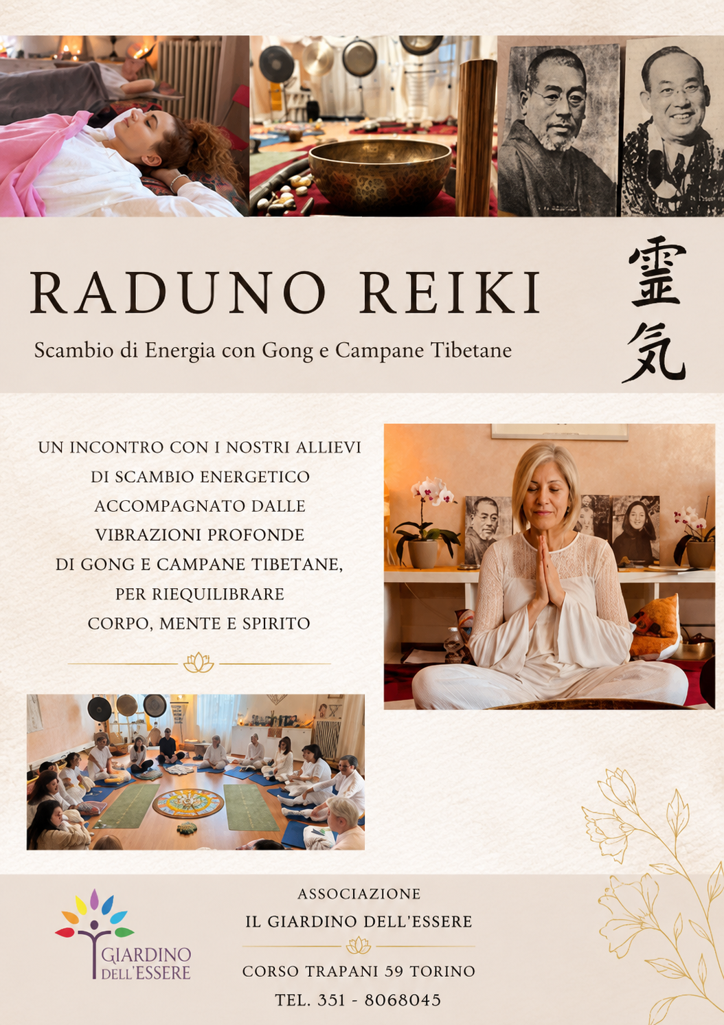 Raduno Reiki a Torino: persona in meditazione, gong e campane tibetane, gruppo di corsi e trattamenti, immagini serene e spirituali, simboli di energia e benessere.