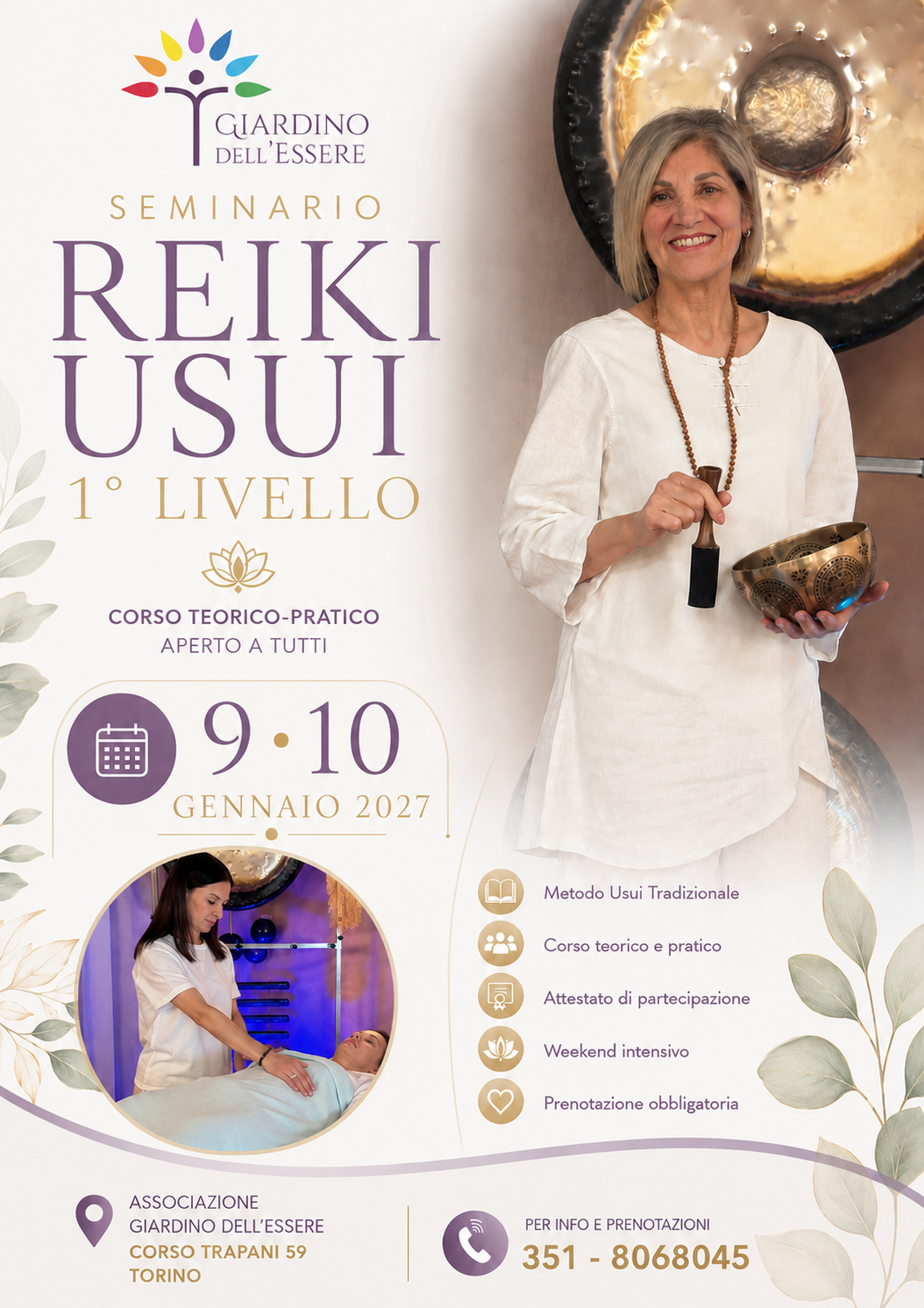 Seminario di Reiki Usui di primo livello: donna adulta con tecnica Reiki, gong e fascia, grafica promozionale con date 9-10 gennaio 2027 e contatti telefonici. Come funziona il reiki integrato naturalmente nel testo.